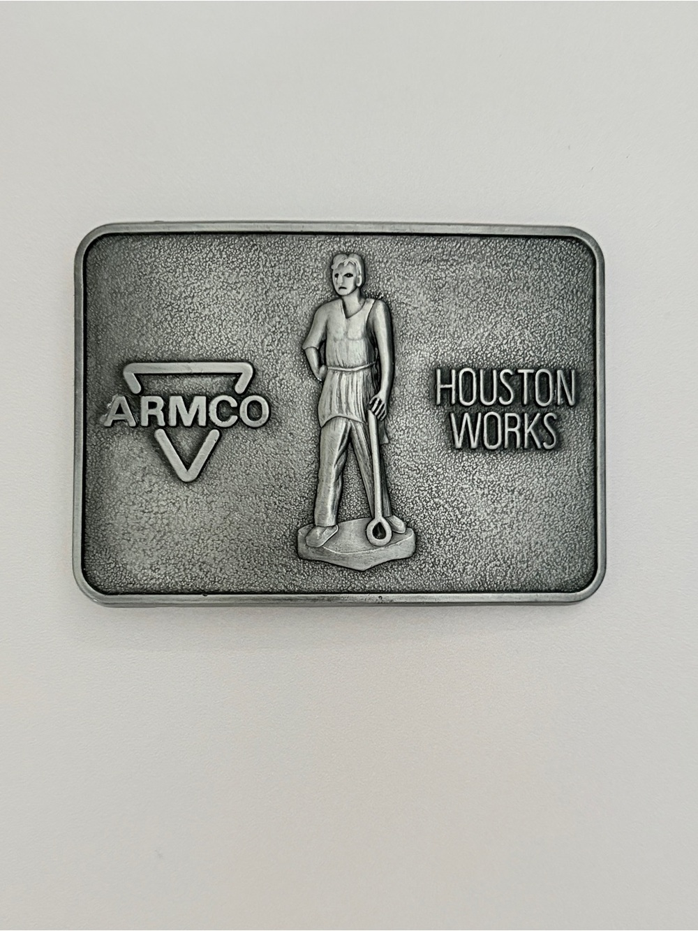 ARMCO Houston Works Belt Buckle New Never Worn Silver Tone Steel Worker